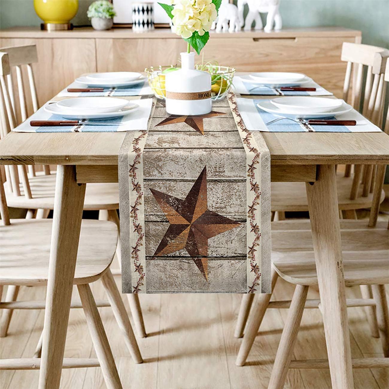 Burlap Table Runner, 70 Inches Long, Western Texas Star Rustic Wood Pattern for Wedding Party Decor