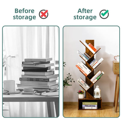 Yoobure Tree Bookshelf - 6 Shelf Retro Floor Standing Bookcase, Tall Wood Book Storage Rack for CDs/Movies/Books, Utility Book Organizer Shelves for Bedroom, Living Room, Home Office, Rustic Brown