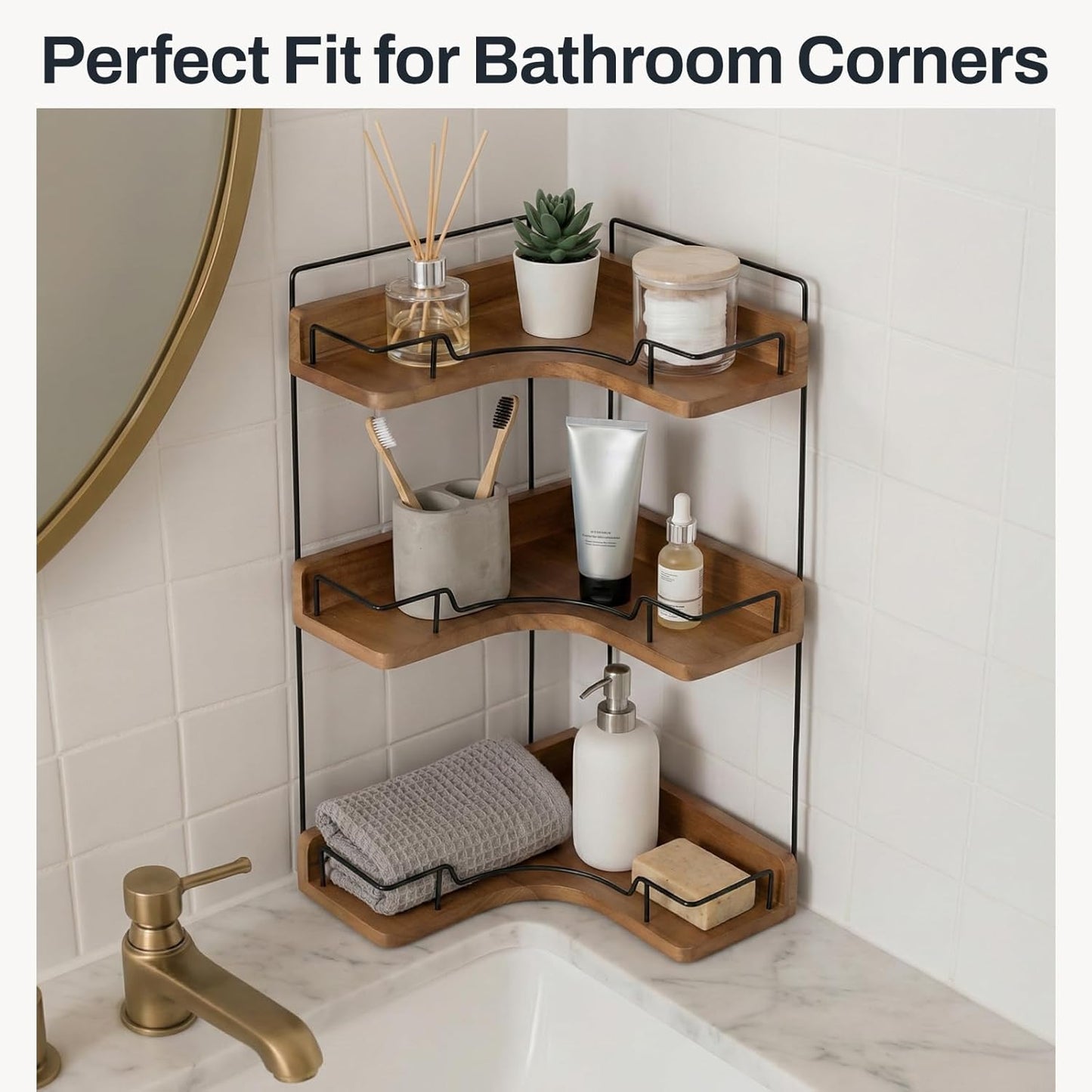 Snuvid 3-Tier Counter Countertop Bathroom Organizer, Wooden Corner Shelf for Vanity Skincare & Makeup, Storage