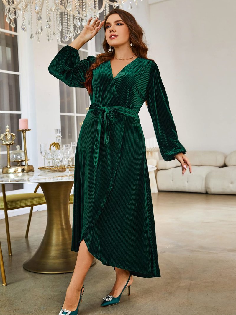 BerryGo Women's Plus Size Long Sleeve Velvet Wrap Dress V Neck Cocktail Semi Formal Maxi Dress for Wedding Guest Emerald Green 3XL