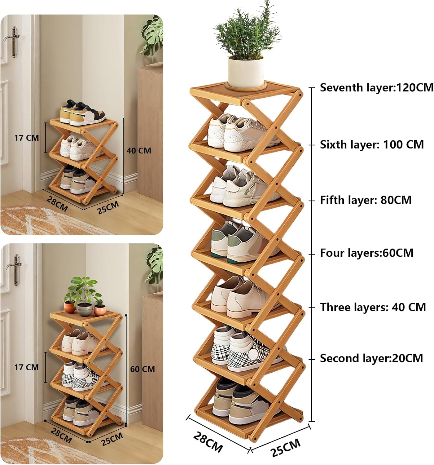 3 Closet(Original Tier Foldable Shoe Rack, Natural Bamboo Space Saving Shoe Storage Organizer,Easy Assembly & Strong