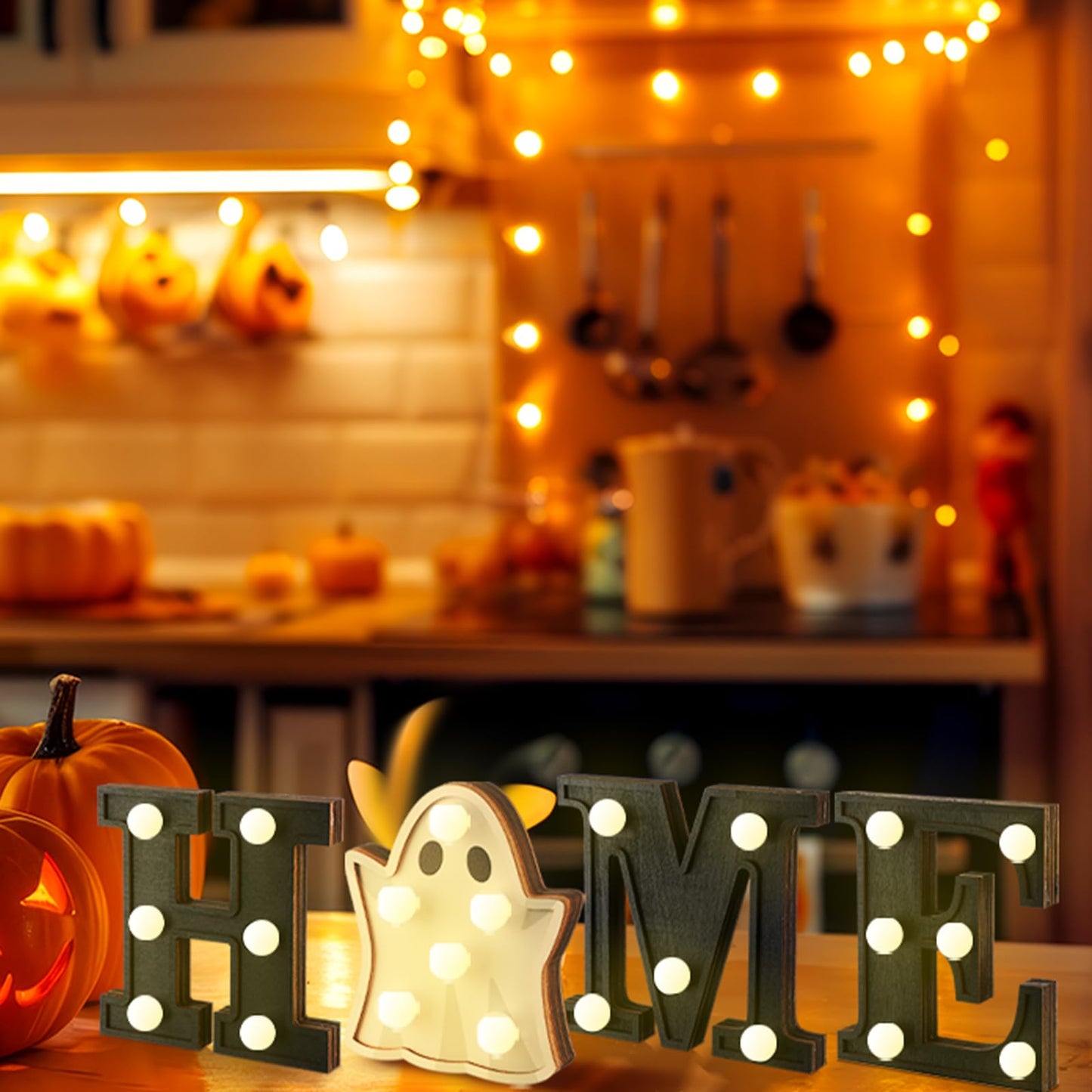 Aurelema Interchangeable Home Table Signs with 8 Pcs Seasonal Icons Wooden "home" Letter Signs with LED Marquee Light up 4th of July Table Decorations Decorative Centerpiece for Room Decoration