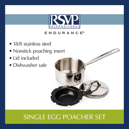 RSVP International Endurance Single Egg Poacher Set - Perfectly Poached Eggs with Stainless Steel Pan, Dishwasher Safe