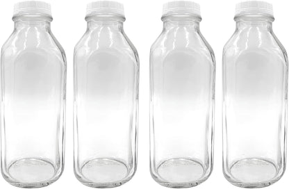 The Dairy Shoppe 1 4 Pack 33.8 Oz Ltr. Glass Milk Bottle with Cap. Square Style