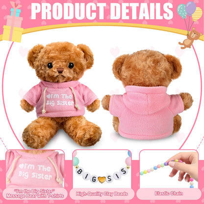 Taiyin 5 Pcs Big Sister Gift Set Big Sister Bear with Colorful Bracelet Necklace Jewelry Pink Stuffed Animal Bear Doll Toy Gift for Who Promoted with Beautiful Greeting Card and Box