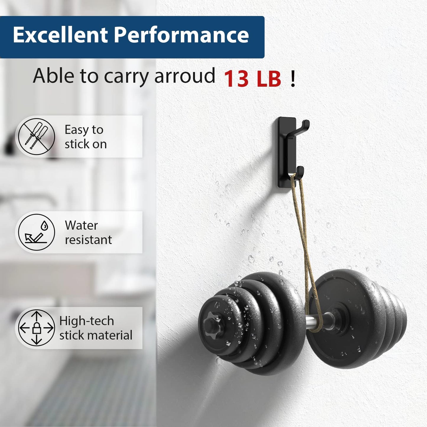Wall Hooks for Coat and Towel: 13LB Adhesive Door Hanger Stick on, Black 4 Pack