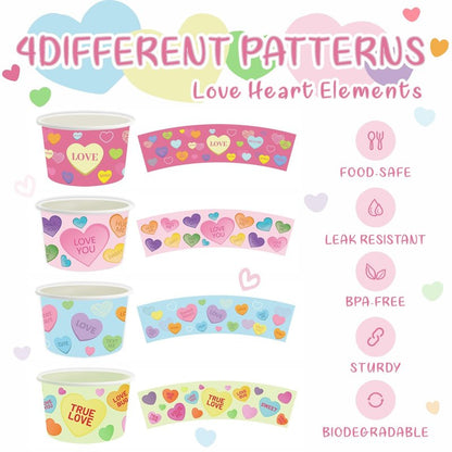 LANCU 60PCS Valentine Paper Ice Cream Cups 8oz Disposable Bowls Conversation Hearts Valentine Treat Snack Cups Pink Bowls for Hot or Cold Food Valentine Party Decor