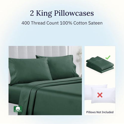 California Design Den King Size Pillowcase Set - 400 Thread Count 100% Cotton Sateen, Soft & Breathable - Hunter Green
