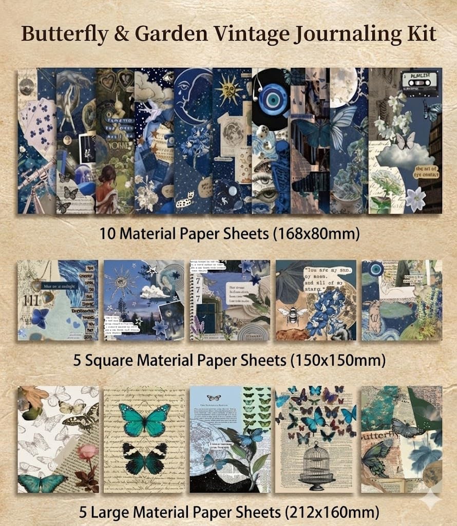 Vintage Scrapbook Journal Gift Set – Butterfly Garden Aesthetic Junk Journal Kit, 125 PCS Ephemera Pack with A6 Notebook, Stickers, Papers, Washi, Envelopes & Cards for DIY Art, Collage, Craft & Journaling (Butterfly)