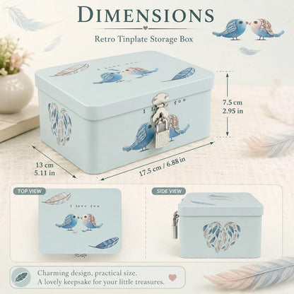 LOGOFUN Retro Style Rectangle Tinplate Storage Box with Padlock Two Birds Pattern Small Metal Keepsake Container Tin Case for Kids Girls Boys Gifts