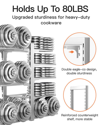 ORDORA Pots and Pans Organizer for Cabinet 16.61'' Height, 8 Tier Pot Organizers Rack with 3 DIY Methods, Adjustable Pan Organizer under Cabinet Kitchen Organization and Storage