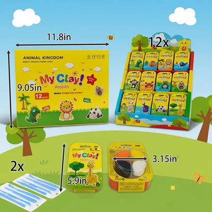 Air Dry Clay Kit, 12 Animals Kingdom Modeling Clay for Kids, DIY Model Magic Clay with Tools&Idea Cards, Soft&Non-Sticky, Safe&Non-Toxic Magic Clays, Creatible Art Crafts Toys Gifts for Boys Girls