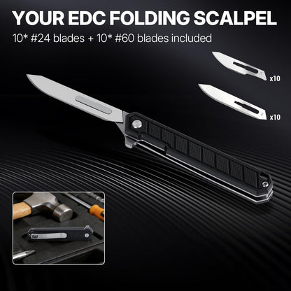 Tops Home Mini Folding Scalpel – Slim G10 Handle with Back Clip, Liner Lock Pocket Knife for Crafts, Utility Box Cutter, Includes 20 Replaceable Blades (#24 & #60) (Black)