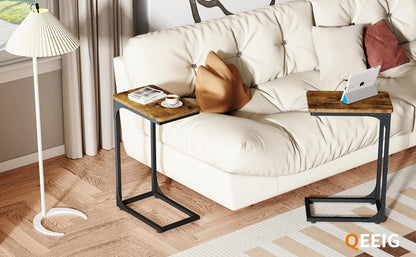 QEEIG Narrow C Shaped Side Table Set of 2 Living Room Sets Slim Couch Tray Tables Skinny Thin Small Farmhouse 9.5 inch Width, Rustic Brown (017-24BN)
