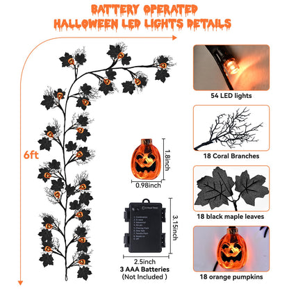 6 FT 54 LED Halloween Lights, 8 Modes & Timer Battery Operated Halloween Pumpkins Lights with Willow Vine Twig Garland, 3D Waterproof Decorations Lights for Home Indoor Wall Fireplace Mantle Party