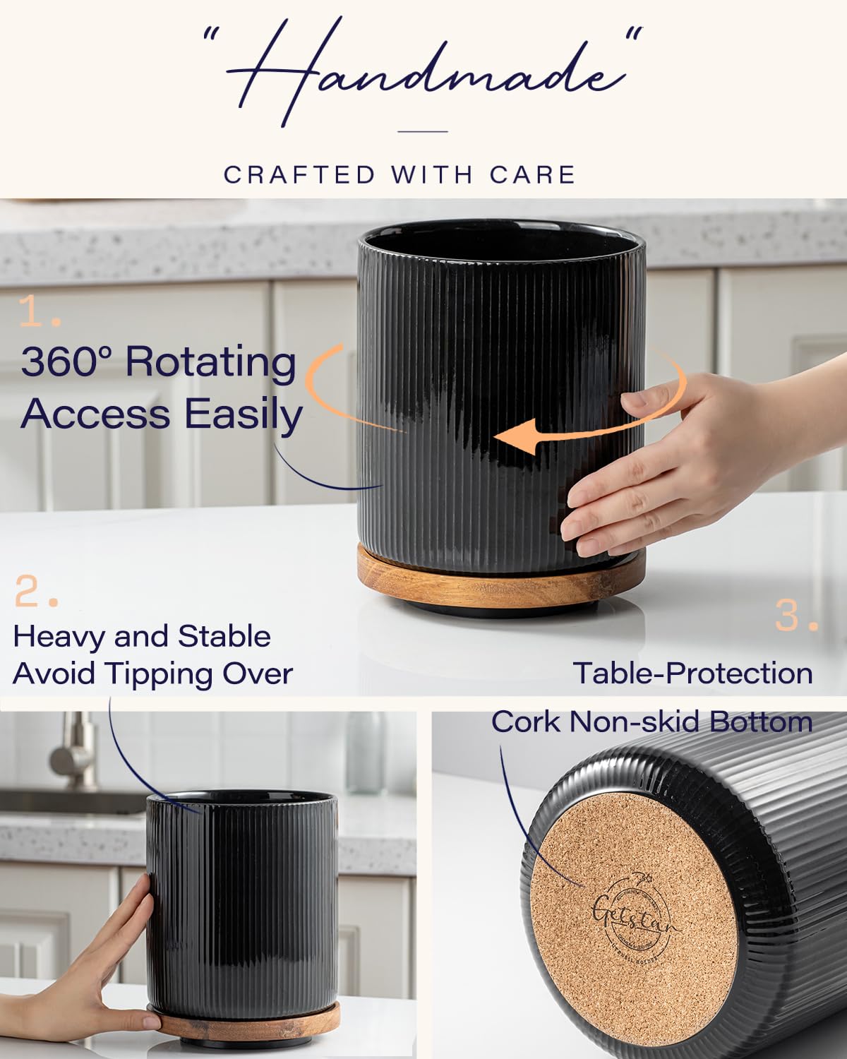 getstar Extra Large Rotating Utensil Holder for Kitchen Counter, 7.9" Ceramic Utensils Crocks Set for Countertop Large & Small Utensil Organizer for Spatula Farmhouse Kitchen Decor