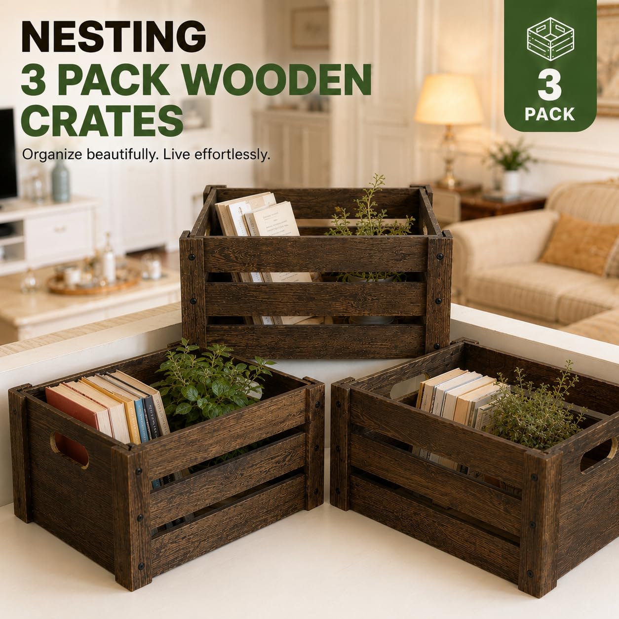 Wooden Crates for Display, 3 Pack Large Rustic Handmade Wood Crate for Storage, Wooden Basket with Handles, Nesting Crates Boxes for Container and Decor Living Room Outdoor Christmas (Extra Large)