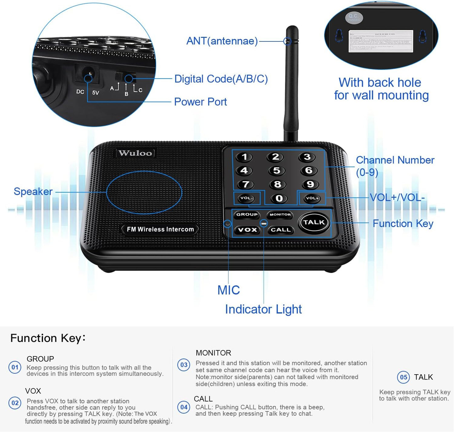 Wuloo Intercoms Wireless for Home 1 Mile (5280 Feet) Range 10 - Channel, Wireless Home Intercom System for House Business Office, Room to Room Intercom, Home Communication System (2 Packs, Black)