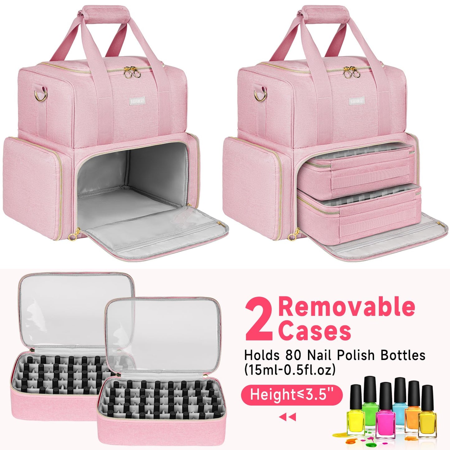 Nail Polish Organizer Holds 80 Bottles and a Nail Lamp,Nail Polish Carrying Case with 2 Removable Bags,Nail Organizers and Storage for Nail Tech,Portable Nail Polish Holder for Nail Supplies,Pink
