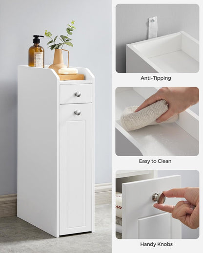 VASAGLE Slim Storage Cabinet, Narrow Storage Organizer with Slide Out Drawers, Freestanding Toilet Paper Holder, Small Space Skinny Cabinet for Bathroom Kitchen Corner, Cloud White UBBC847P31