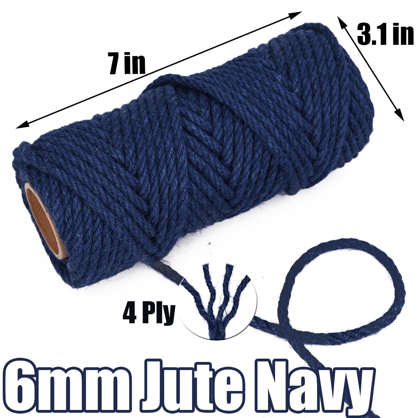 Leecogo 6mm Jute Rope 100 Feet Natural Craft Rope Twine String Perfect for Home Gardening Macrame Arts Crafts DIY Cat Scratching Post Replacement Repairing Recovering Cats Toy Making,Navy Blue