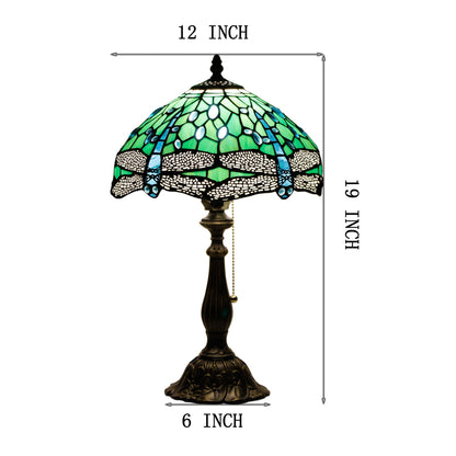 ZJART Tiffany Table Lamp Stained Glass Lamp 12X12X19 Inch Antique Reading Light (Green Dragonfly)