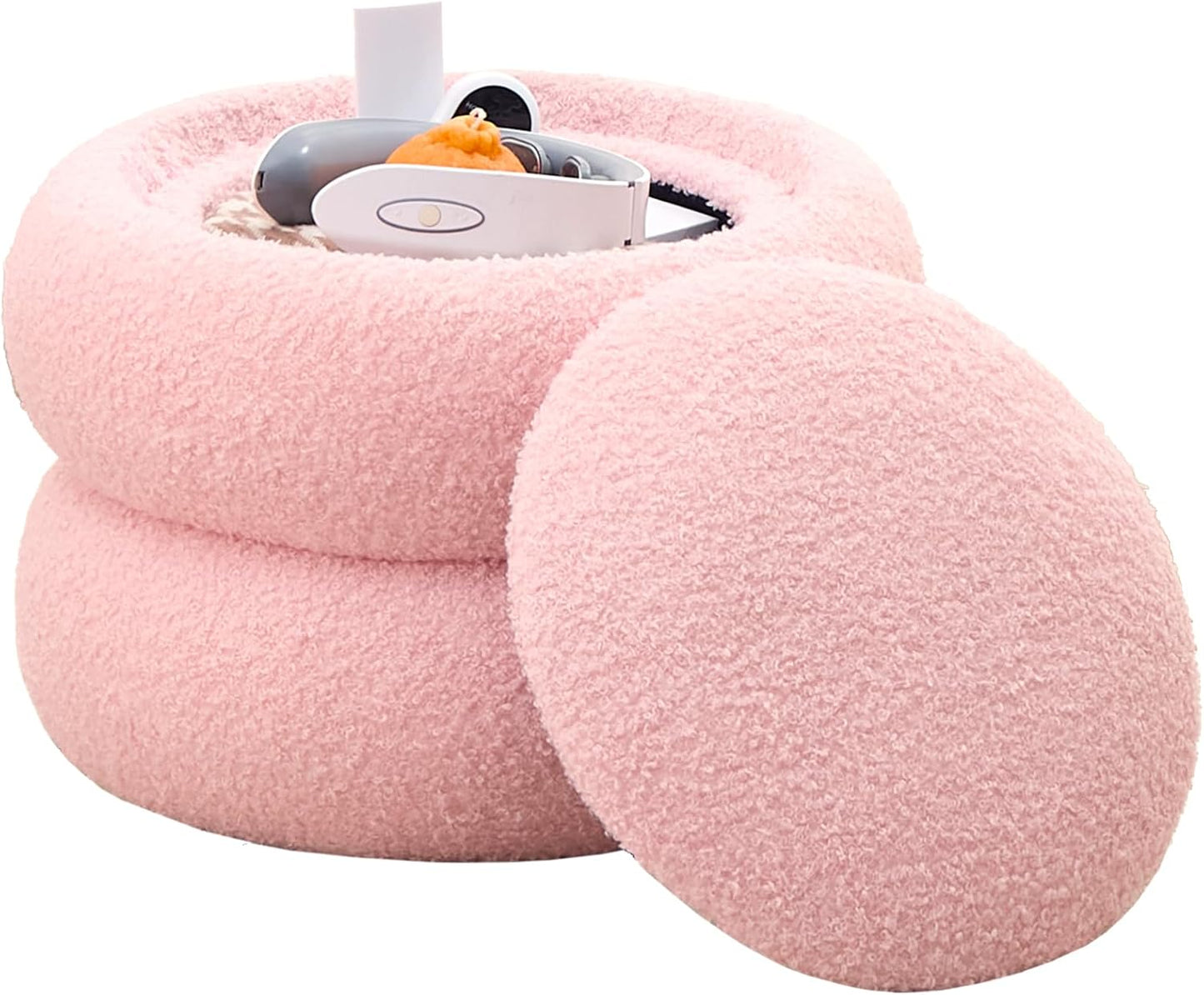 Mxfurhawa Storage Ottoman,Soft Teddy Velvet Upholstered Footrest,Mordern Round Footstool with Macaron Shape,Side Tabble