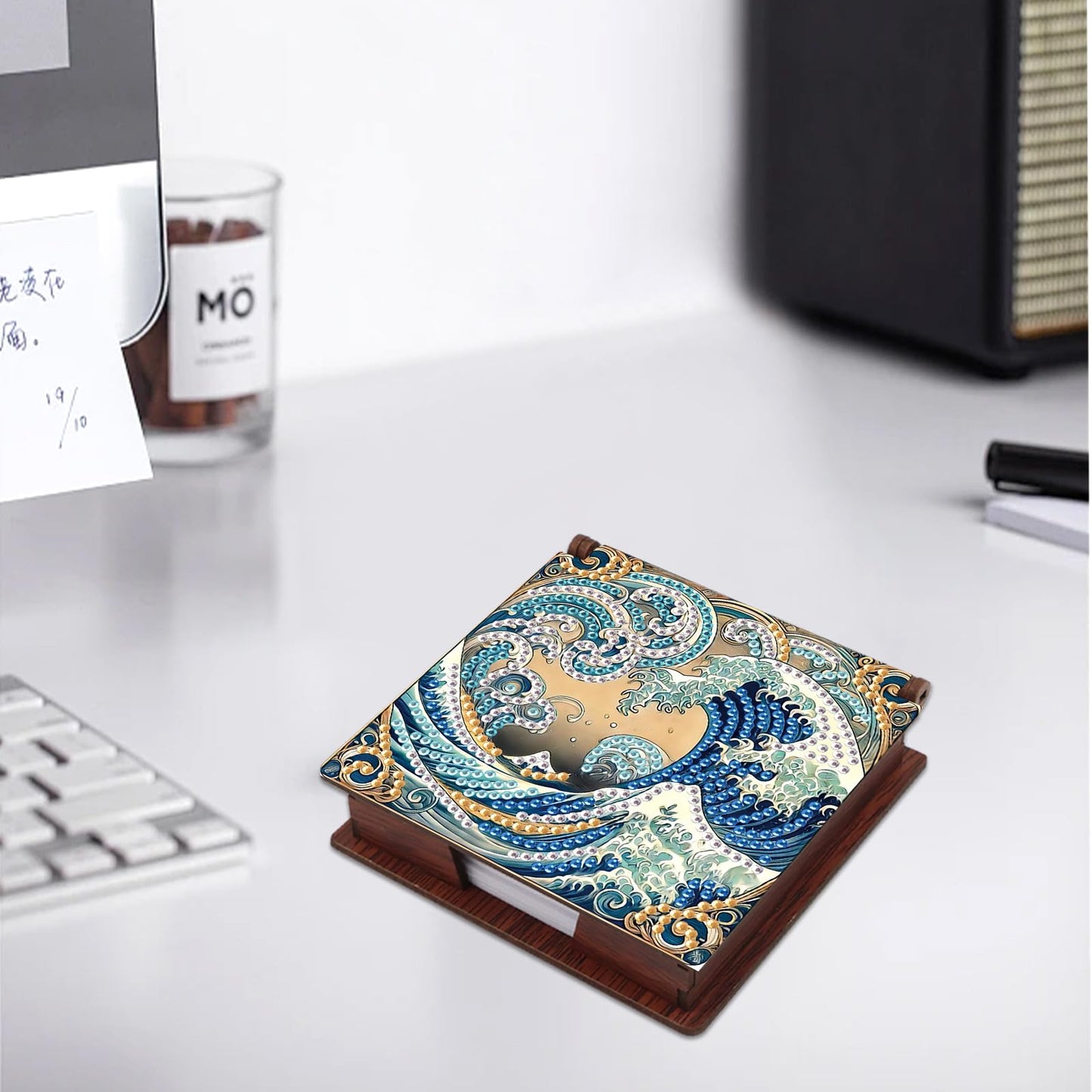 JISHSHAY Diamond Painting Note Box Sea Wave Diamond Art Sticky Note Holder Gem Art Notecard Box Gem Painting Mosaic Kits for Adults Embroidery Kit Memo Pad Holder, Contains 160 Sheets of Paper