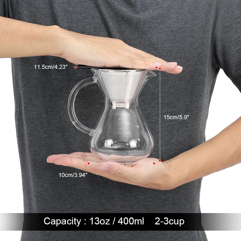 Glass Hand Drip Coffee Maker Pot, 400ML with Stainless Steel Permanent Filter and Scale