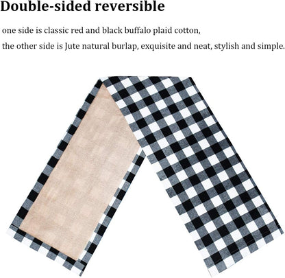 Senneny Christmas Table Runner 14 x 72 Inch, Burlap & Cotton Black White Plaid Reversible Buffalo Check for Holiday