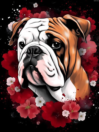KAYEIUU English Bulldog with Flowers Diamond Painting Kits for Adults Animal 5D Full Drill Round Diamond Art Kits Diamond Dots Paintings with Diamonds Gem Art Picture Crafts Home Decor 12x16 inch