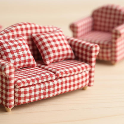Dollhouse Couch Miniature Sofa with Pillows Dollhouse Living Room Funiture 1:12 Scale Model 3 Pcs High Simulation Upholstered Wooden Fabric Armchair Mini Room Artificial House Scene Decoration (Plaid)
