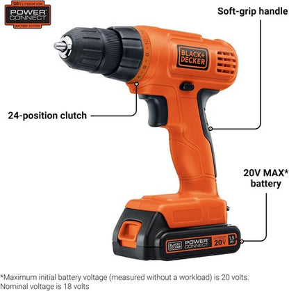 BLACK+DECKER 20V MAX POWERCONNECT Cordless Drill Driver - 30 Piece Bit Set, Battery & Charger Included