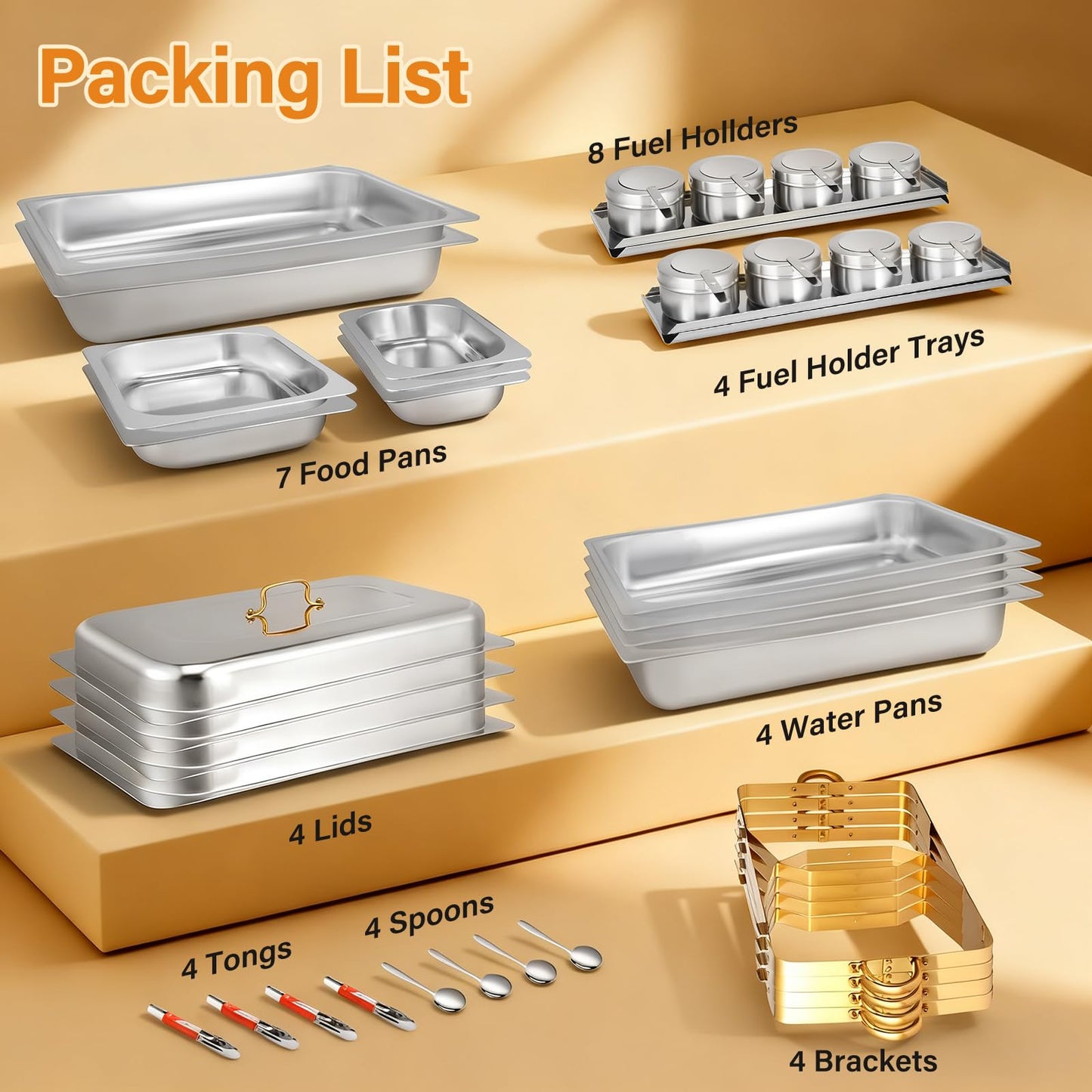 Chafing Dishes for Buffet 4 Pack, 8Qt [Multi-Size Food Pans] High Grade Chafing Dish Buffet Set Rolled-Edge Stacking Design [Easy Storage] Buffet Servers Food Warmers for Parties, Events & Weddings