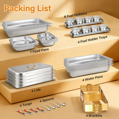 Chafing Dishes for Buffet 4 Pack, 8Qt [Multi-Size Food Pans] High Grade Chafing Dish Buffet Set Rolled-Edge Stacking Design [Easy Storage] Buffet Servers Food Warmers for Parties, Events & Weddings