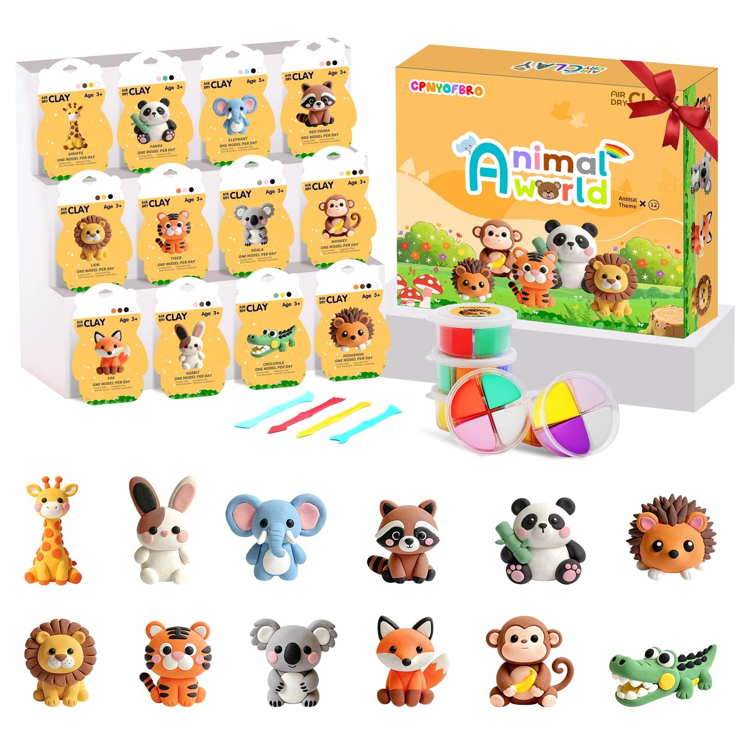 Air Dry Clay Kit - 12 Animal Modeling Clay for Kids, Complete DIY Clay Craft Set with Sculpting Tools & Step-by-Step Tutorials, Ultra Soft & Non-Sticky Clay, Children's Day Gift Ideas