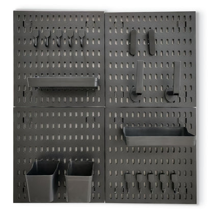 ANTHOSPACE Black Pegboard Organizer Set with Hooks & Storage Boxes, Desk or Wall Peg Board Panels for Tools, Crafts, and Office Supplies – 4 Boards (30×30 cm Each)