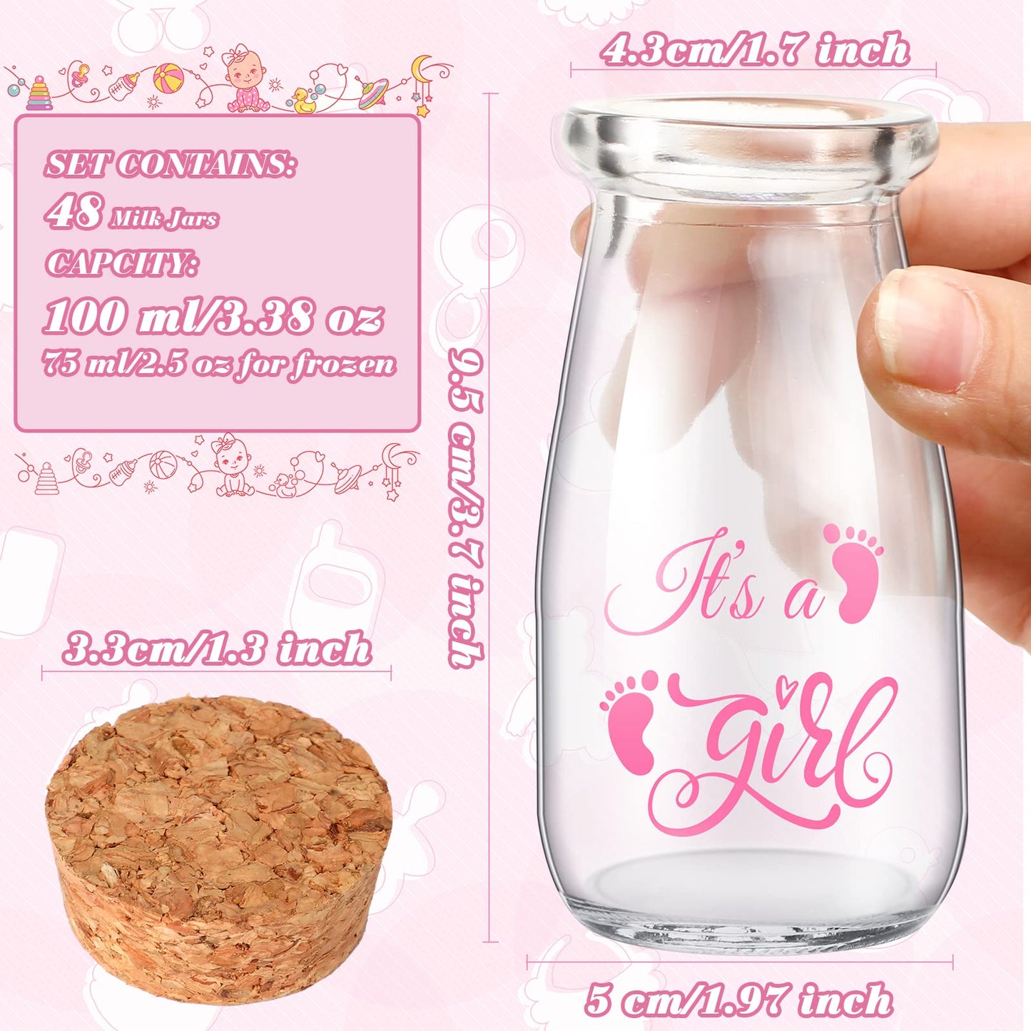 Sieral 48 Pcs 3.4 oz Small Glass Bottles Favor Jars with Cork Lids Baby Shower Decorative Milk Jar for Party Candy Decorations Souvenirs (It's a Girl)