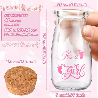 Sieral 48 Pcs 3.4 oz Small Glass Bottles Favor Jars with Cork Lids Baby Shower Decorative Milk Jar for Party Candy Decorations Souvenirs (It's a Girl)