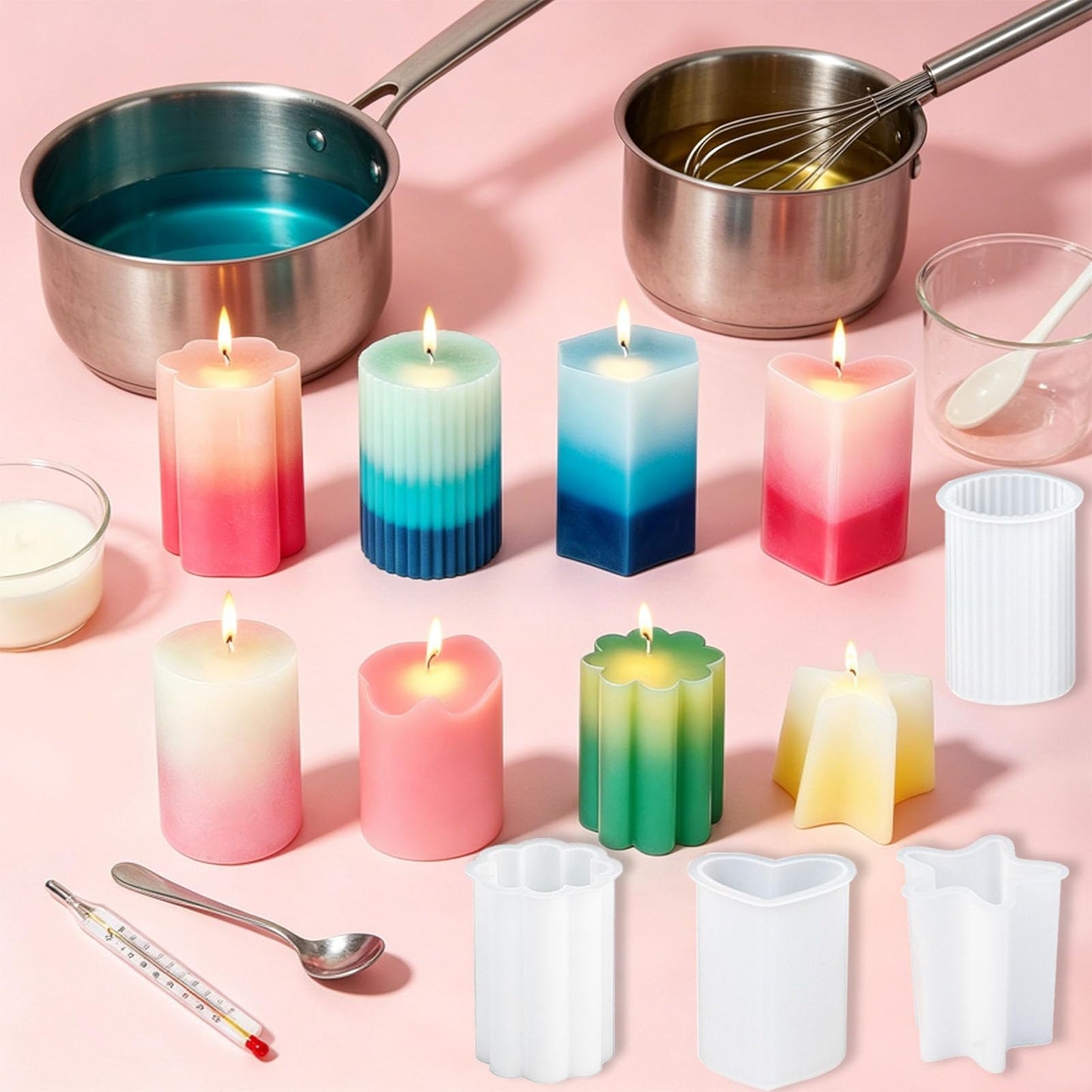 8PCS Silicone Candle Molds Set - Cylinder/Hexagon/Star/Heart/Flower/Cat Head Shapes for DIY Candle Making, Soap, Resin Crafts, Reusable and Easy Release Candle Making Kit with Multiple Shape and Sizes