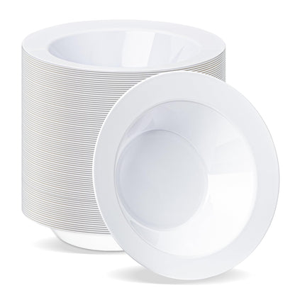 BESTVIP 100 Pack 12 oz White Plastic Bowls, Disposable Soup Bowls, Heavy-duty Dessert Salad Bowl for Christmas, Party, Wedding, Dinner, Catering