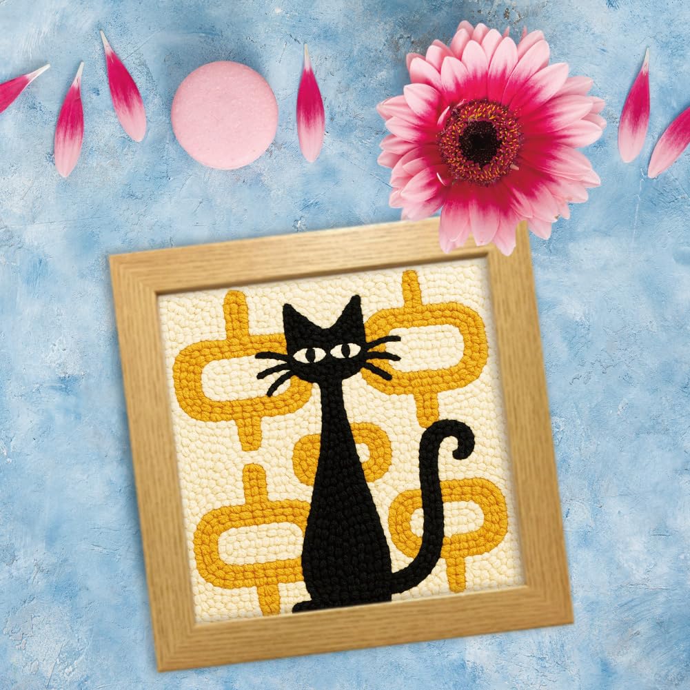 FREEBLOSS DIY Punch Needle Kit Abstract Cat Punch Needle Embroidery Wall Hanging Painting Punching Needles Starter Kit for Beginners with Complete Tools, Already Framed, 9.4x9.4inch