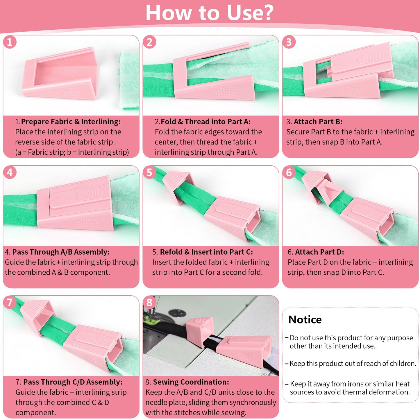 TOOVREN 2PCS Upgraded Bias Tape Makers Fabric Tube Maker for Fabric Roll Rugs Bias Binding Tape Making Tool for DIY Crafting and Quilting Sewing Supplies Machine with Instruction (2PCS Pink)