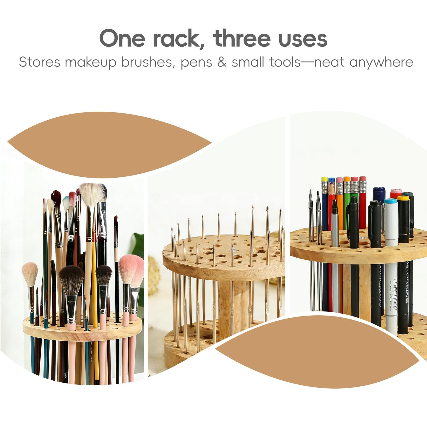 360 Rotating Paint Brush Holder | 52 Holes Hardwood Organizer for Artists Brushes | Desktop Storage Stand for Art Supplies | Craft Tools, Makeup Brush and Calligraphy Pens Rack | Natural Wood Display