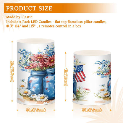 Patriotic Red Blue Flowers Vase American Flag5 Flickering Flameless Candles Battery Operated with Remote Timer,Tea Light Candles LED Pillar Votive Candles set of 2 for Outdoor Indoor Decorations