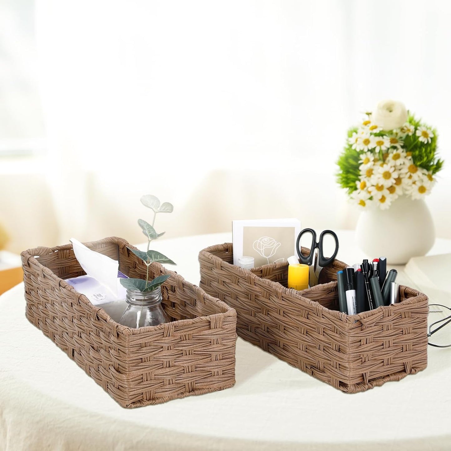 DULLEMELO Small Bathroom Basket, Wicker Toilet Tank Organizer, Set of 2 Waterproof Baskets for Organizing