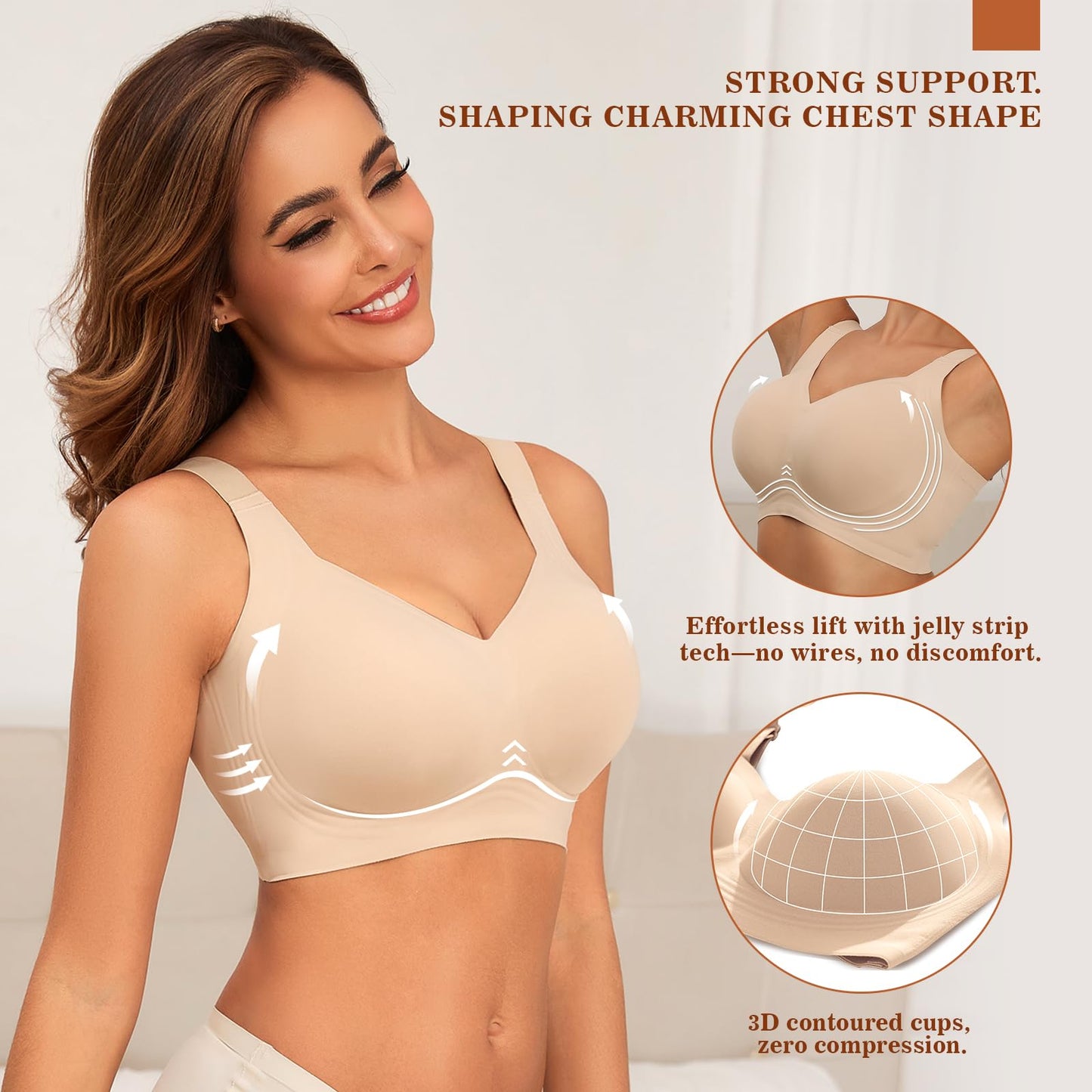 PoseFree Womens Bras No Underwire Full Support Back Fat Smoothing Bralette Wireless Push Up Plus Size Sports Bra (Nude,L)