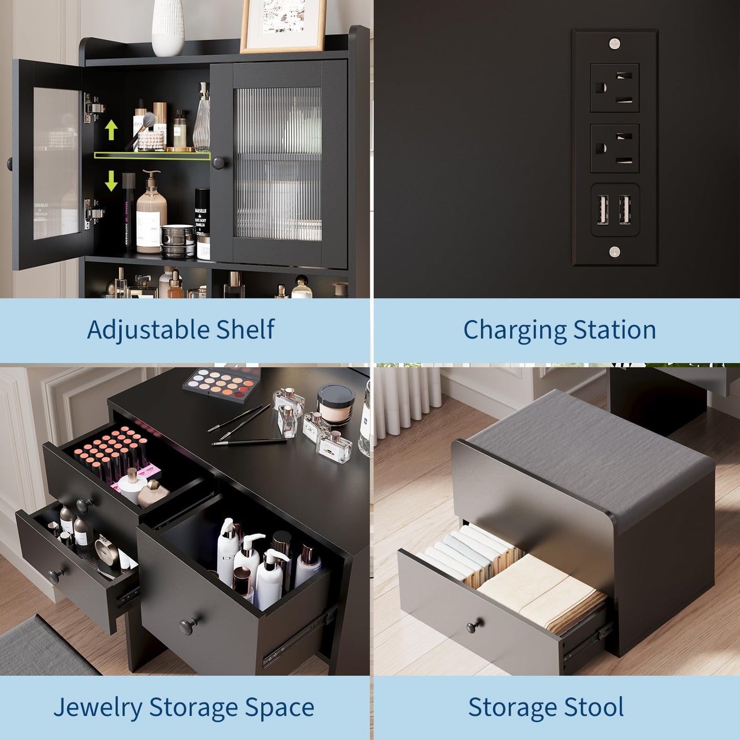 Garvee 3 in 1 Vanity Desk with LED Light, Tall Makeup Vanity Set with 2 AC Outlets & USB-c, Dressing Table with Drawers & Acrylic Doors, Nightstand Vanity Mirror, Jewelry Box, Cushioned Chair, Black