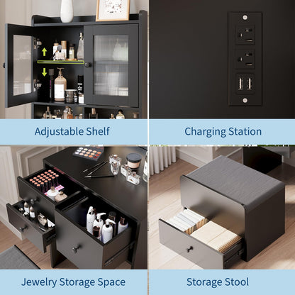Garvee 3 in 1 Vanity Desk with LED Light, Tall Makeup Vanity Set with 2 AC Outlets & USB-c, Dressing Table with Drawers & Acrylic Doors, Nightstand Vanity Mirror, Jewelry Box, Cushioned Chair, Black