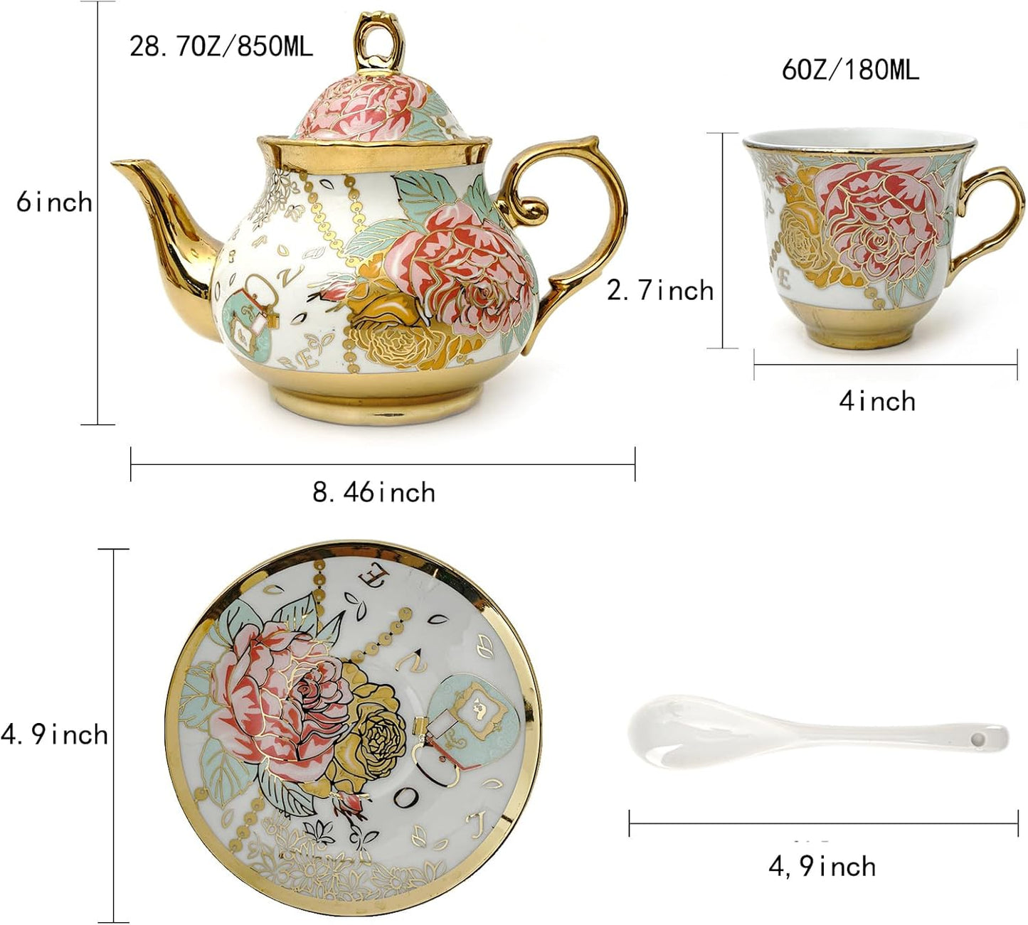 TEASFUSION 20 Set Set, Set Pieces European Vintage Ceramic Tea with Metal Cup Holder, Adult Tea Women's Afternoon Tea